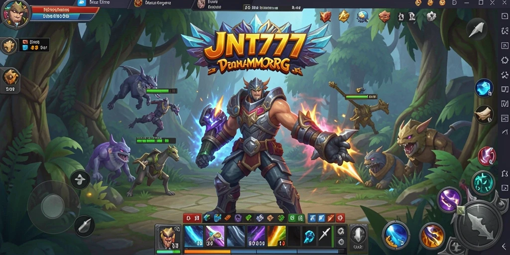 Tangkapan layar utama JNT777 menampilkan aksi seru dalam battle MMORPG.