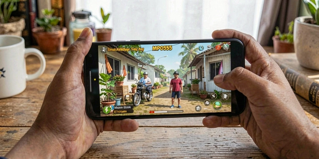 Tampilan gameplay MPO555 yang menampilkan interaksi karakter dan aktivitas sehari-hari.
