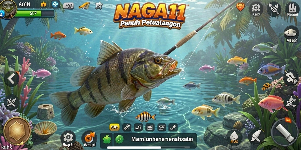 Tampilan gameplay NAGA11 saat menangkap ikan di laut.