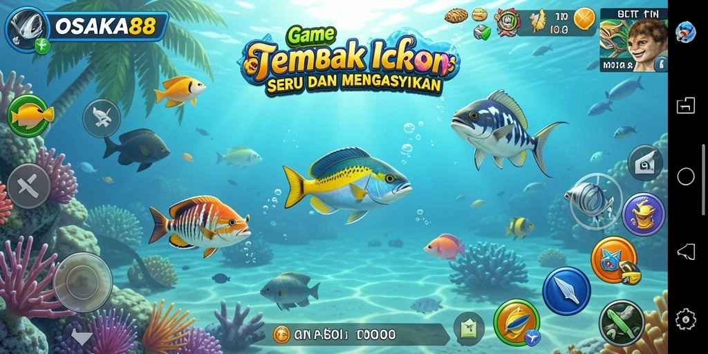Screenshot OSAKA88 menampilkan gameplay seru saat berburu ikan.