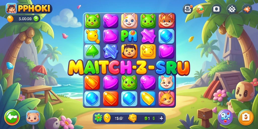Screenshot PPHOKI menampilkan gameplay Match-3 yang menantang dan berwarna.