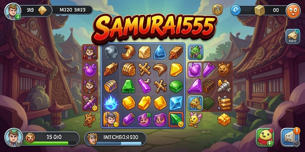 Tampilan gameplay seru game Match-3 SAMURAI555 dengan grafis menarik.