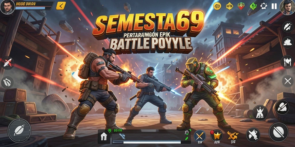 Tampilan layar permainan <strong>SEMESTA69</strong> saat pertempuran intens di medan Battle Royale.