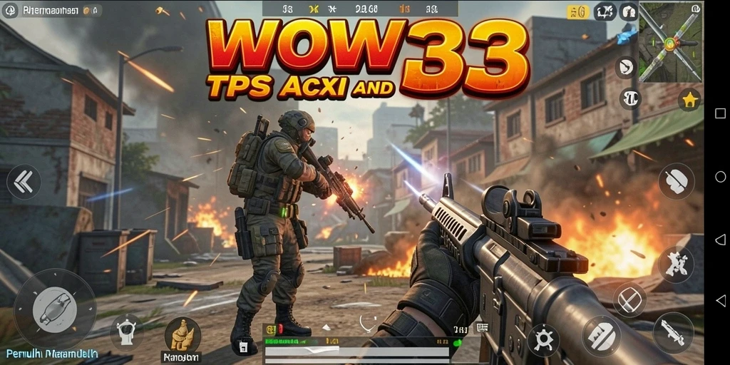 Screenshot WOW33 menampilkan aksi tembak-menembak yang mendebarkan di arena pertempuran.